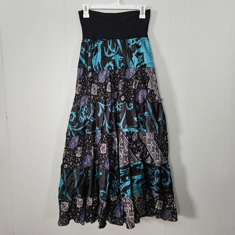 Tiered Maxi Skirt Women Patchwork Bohemian Size small